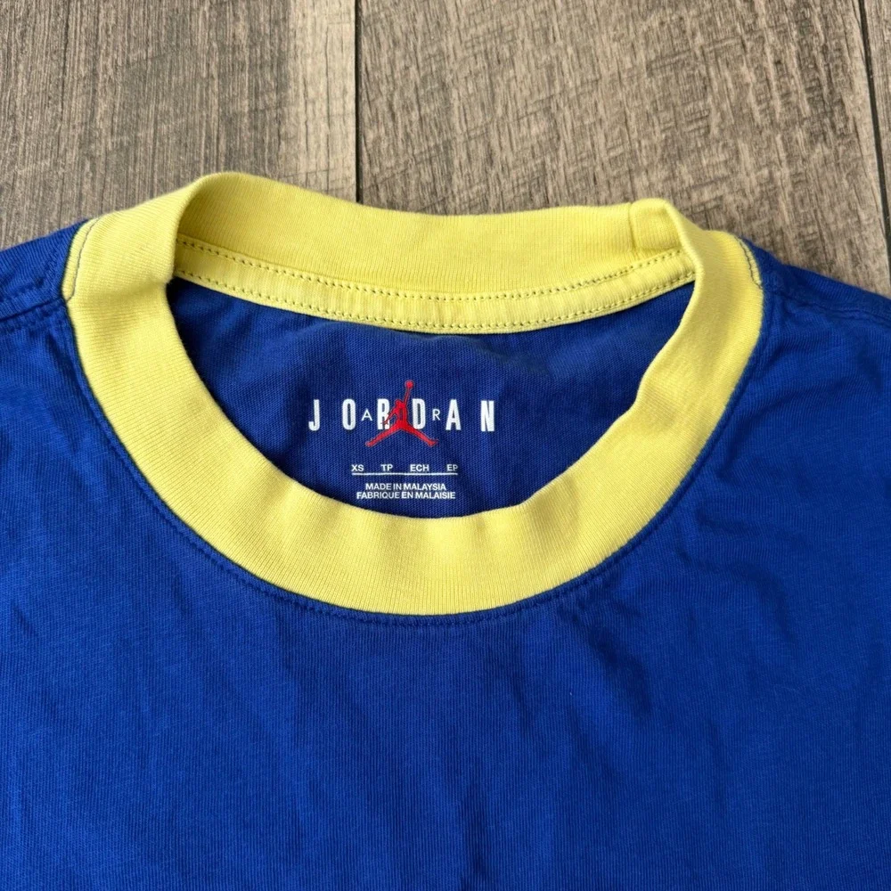Jordan Brasil Ringer T-Shirt Mens XS Blue Yellow Graphic Soccer Jumpman Football